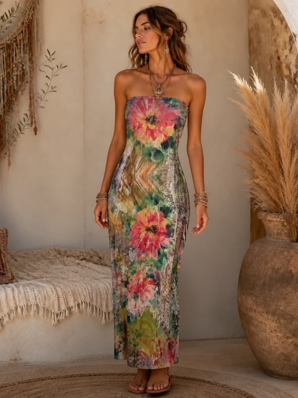 Lapis One Size Strapless Floral Paisley Maxi Dress Multicolor Boho Fairy Festiva